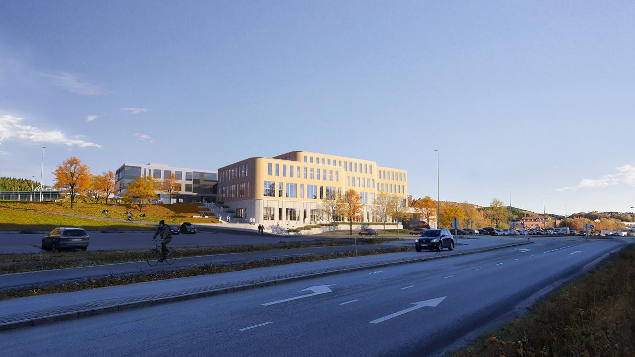 Et nytt universitetsbygg med en vei i framkant. Illustrasjon.