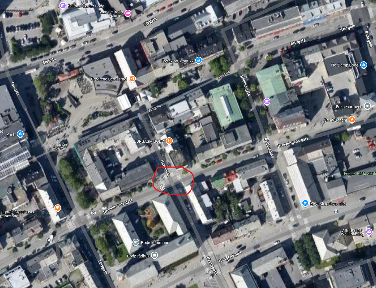 Kart over Bodø sentrum som viser hvor bussen går fra